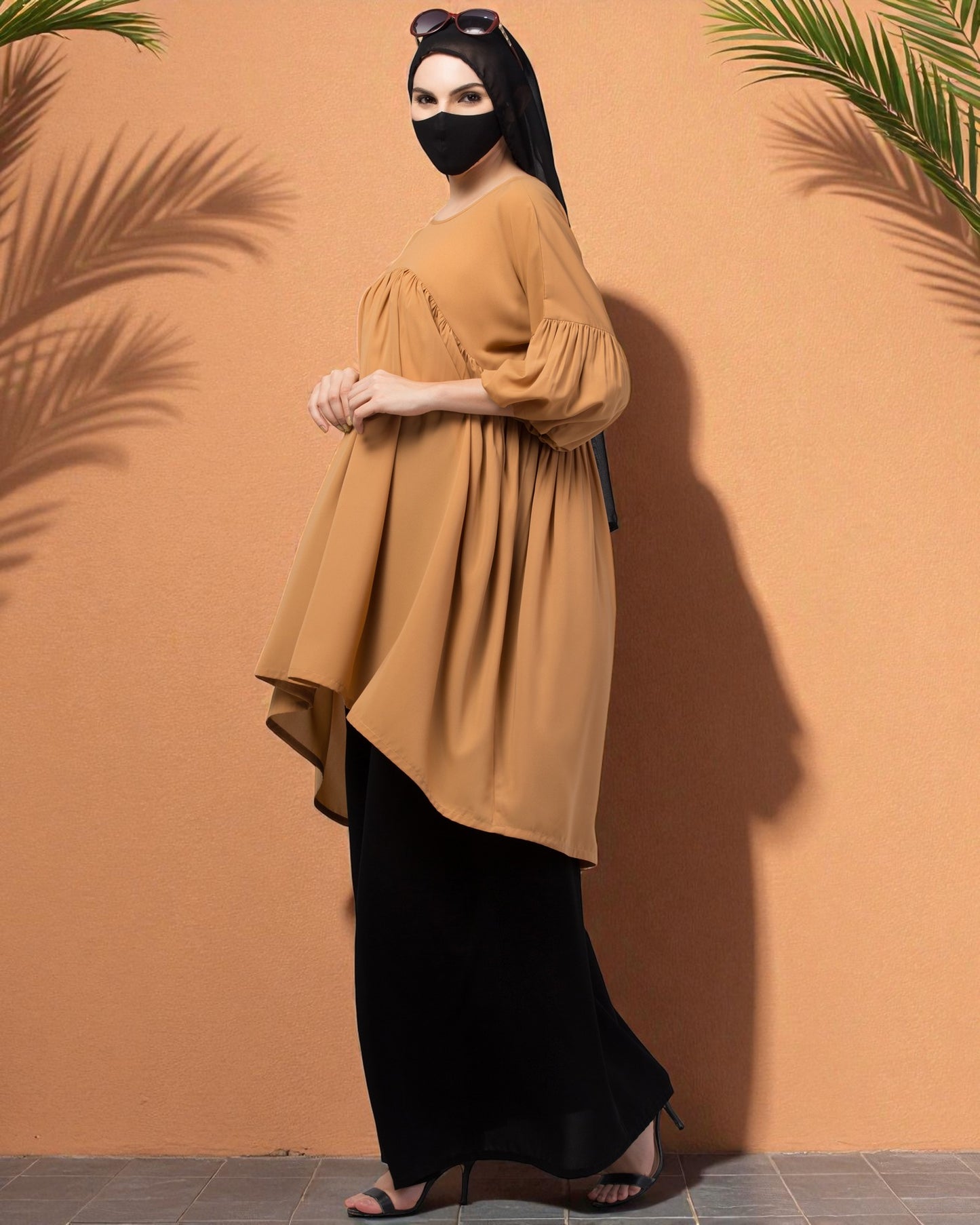 Modest Co-ord Set: Designer Long Top with Balloon Sleeves and Flared Skirt