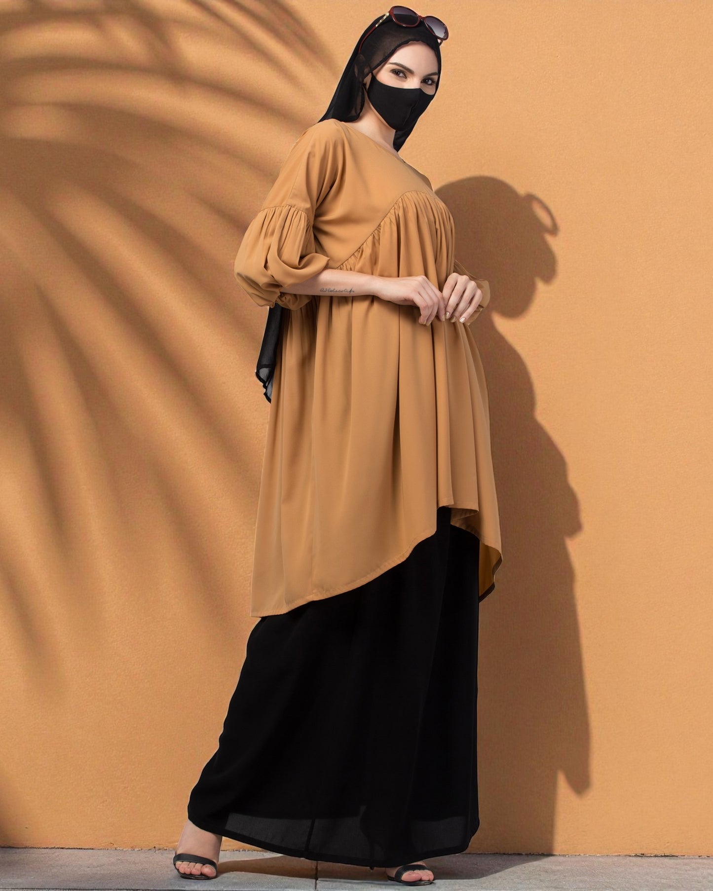 Modest Co-ord Set: Designer Long Top with Balloon Sleeves and Flared Skirt