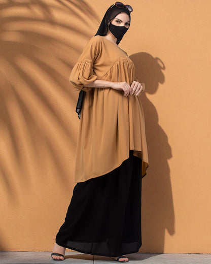 Modest Co-ord Set: Designer Long Top with Balloon Sleeves and Flared Skirt