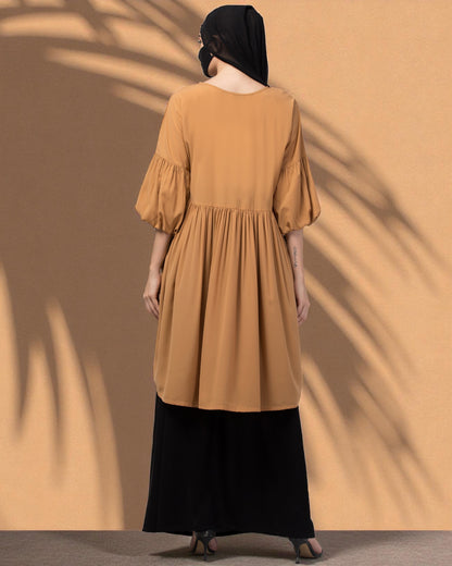 Modest Co-ord Set: Designer Long Top with Balloon Sleeves and Flared Skirt