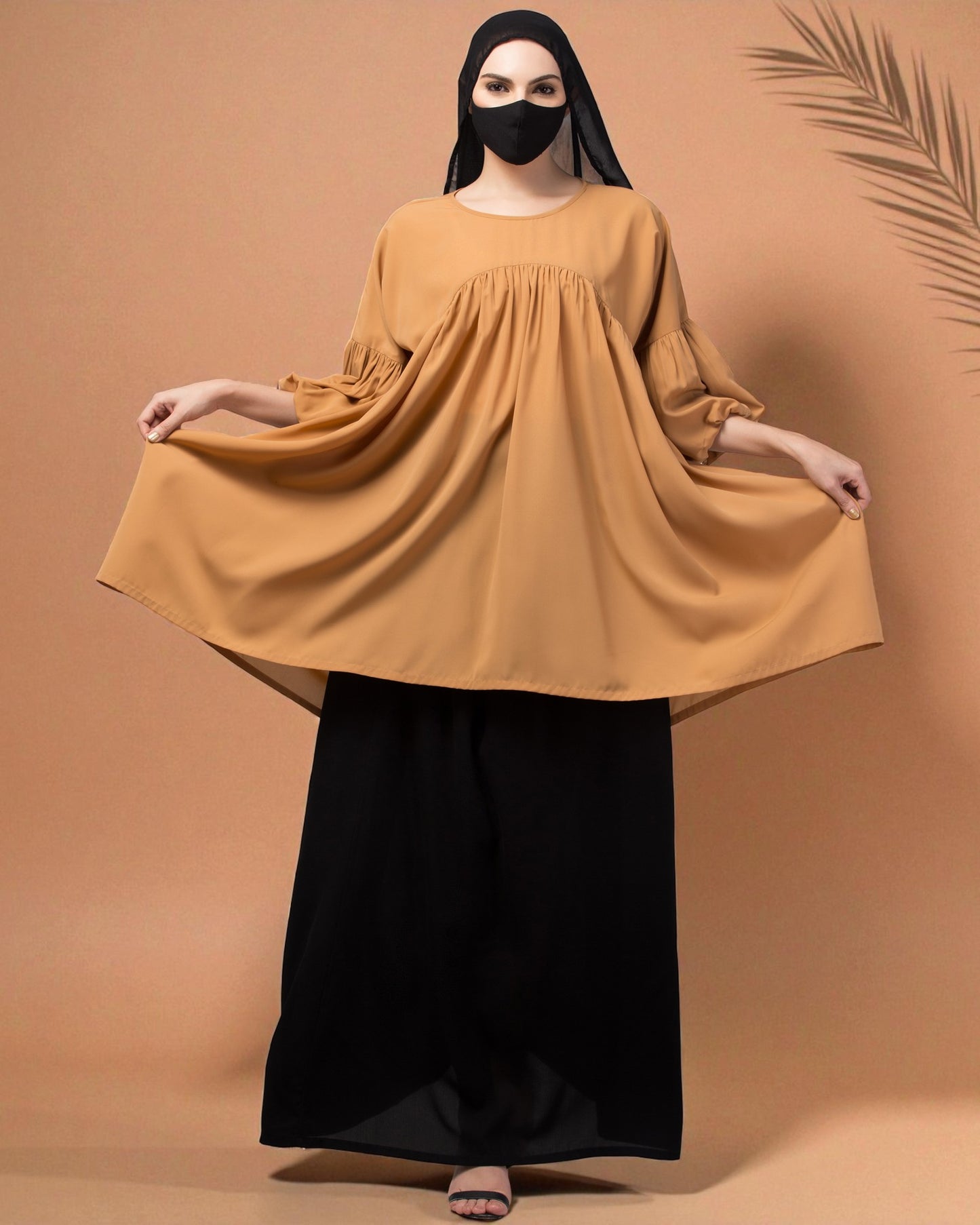 Modest Co-ord Set: Designer Long Top with Balloon Sleeves and Flared Skirt