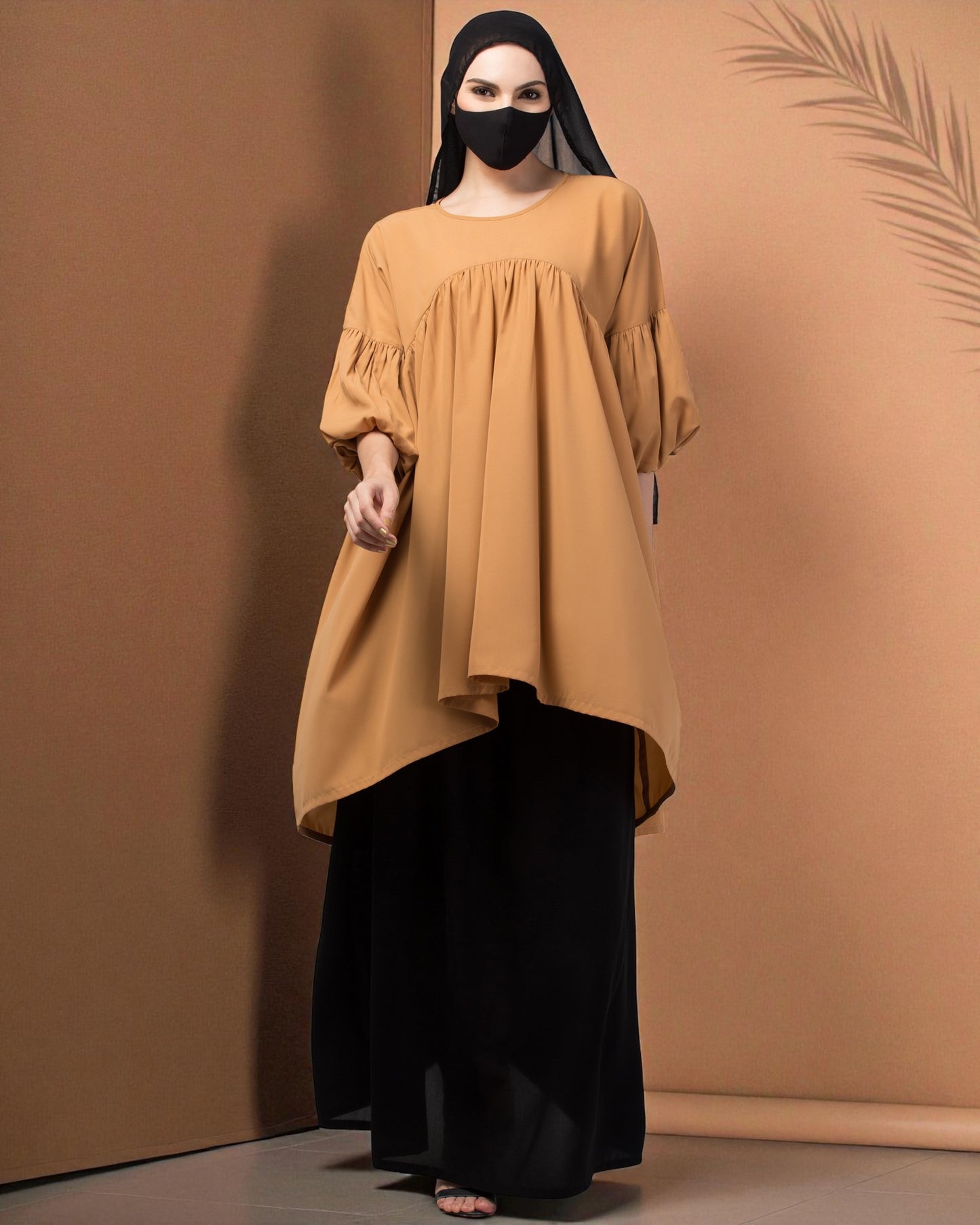 Modest Co-ord Set: Designer Long Top with Balloon Sleeves and Flared Skirt