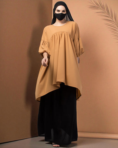 Modest Co-ord Set: Designer Long Top with Balloon Sleeves and Flared Skirt