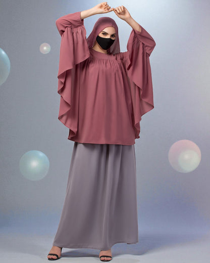Modest Co-ord Set: Designer Loose-Fit Top with Frills and Flared Skirt