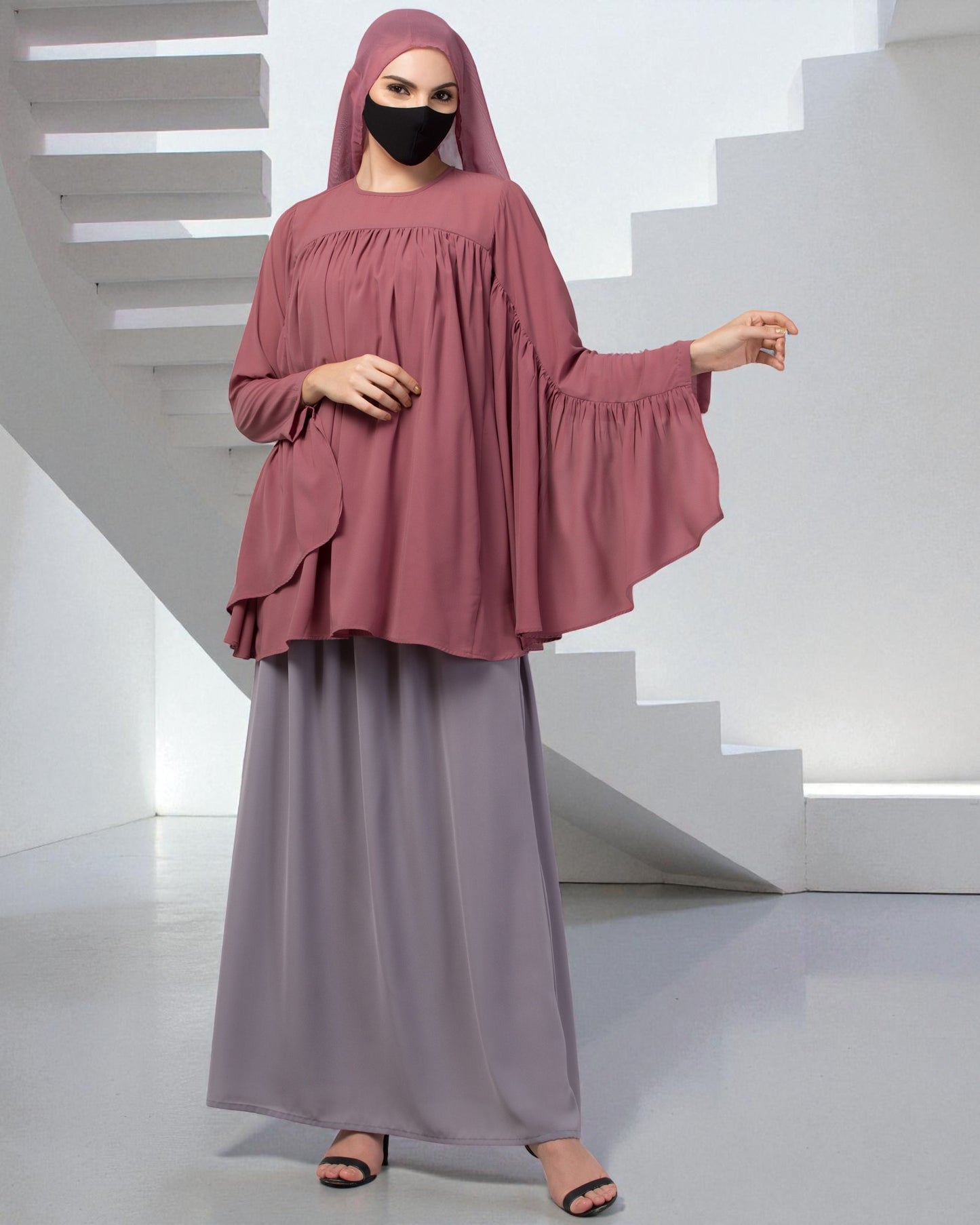 Modest Co-ord Set: Designer Loose-Fit Top with Frills and Flared Skirt