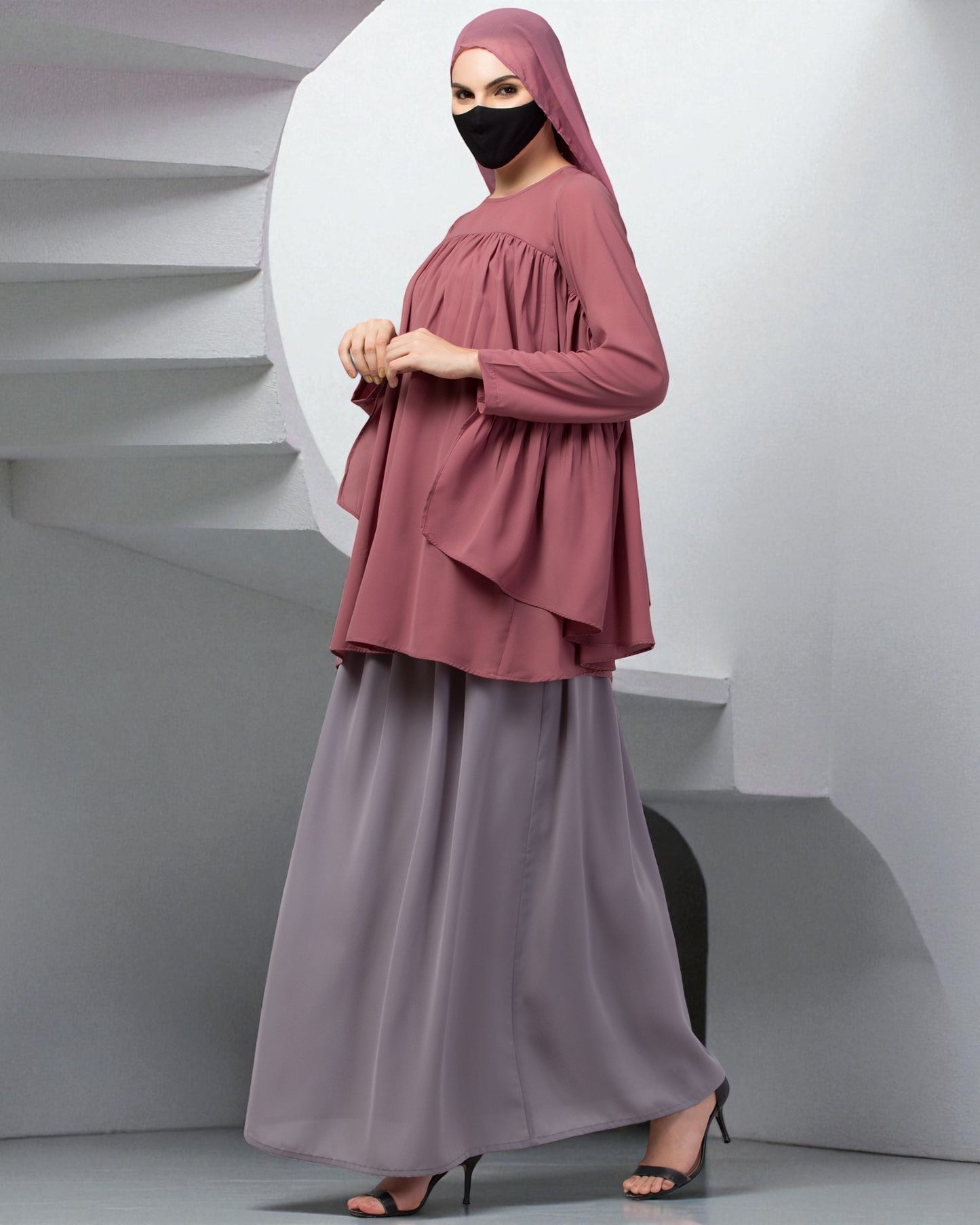Modest Co-ord Set: Designer Loose-Fit Top with Frills and Flared Skirt