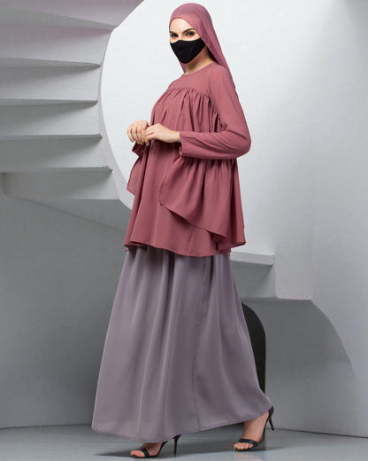 Modest Co-ord Set: Designer Loose-Fit Top with Frills and Flared Skirt