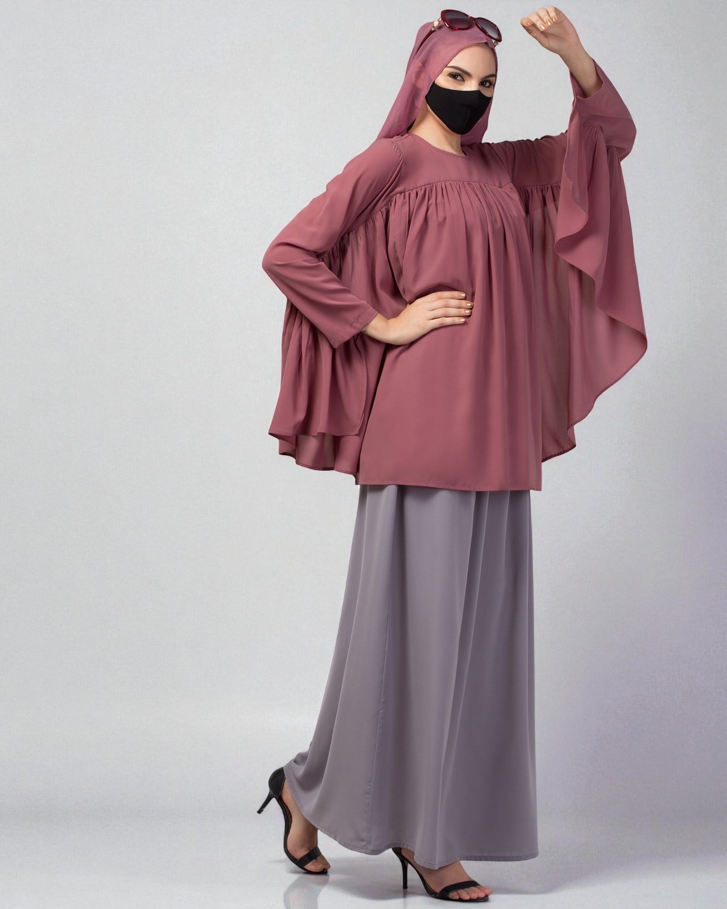 Modest Co-ord Set: Designer Loose-Fit Top with Frills and Flared Skirt
