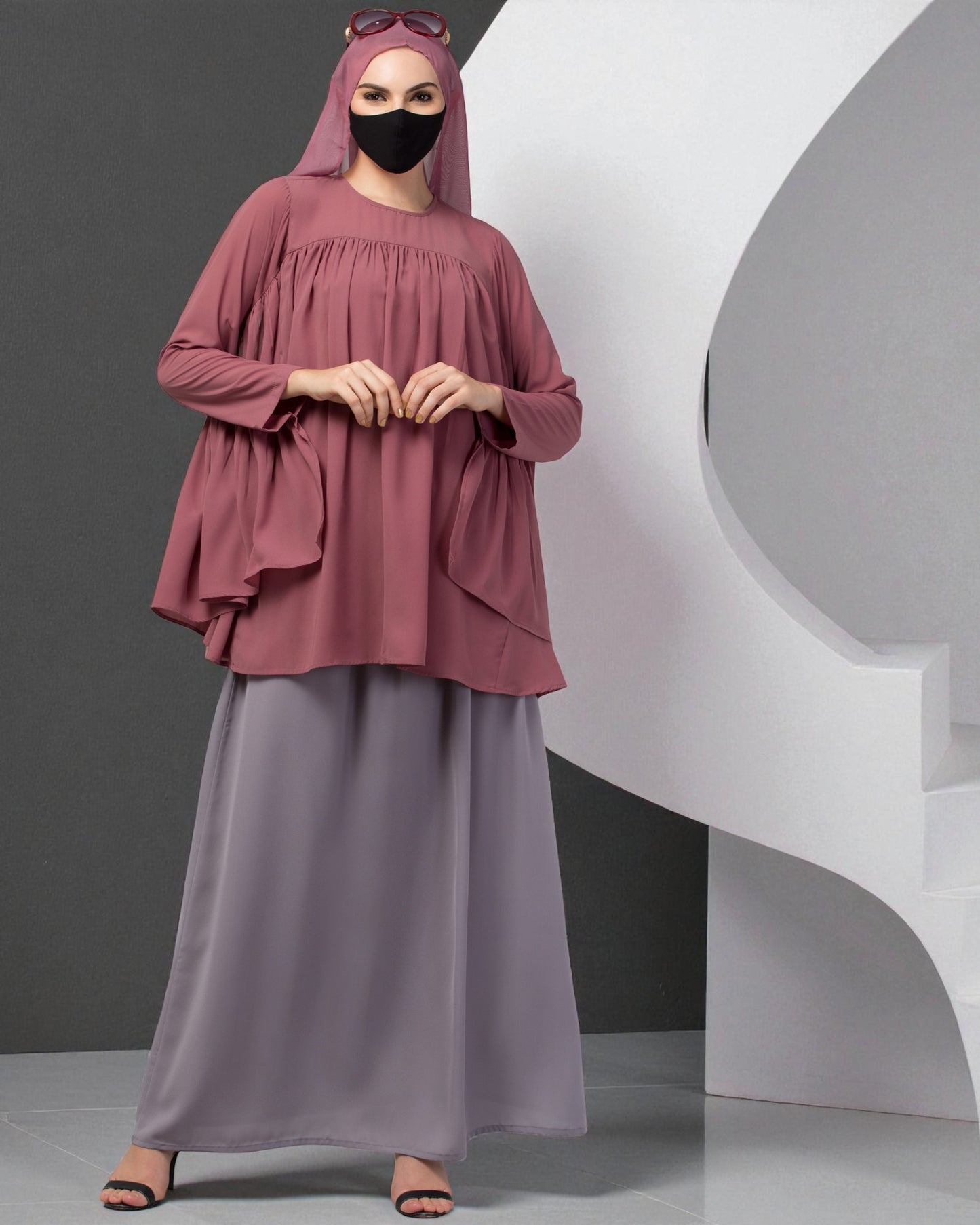 Modest Co-ord Set: Designer Loose-Fit Top with Frills and Flared Skirt
