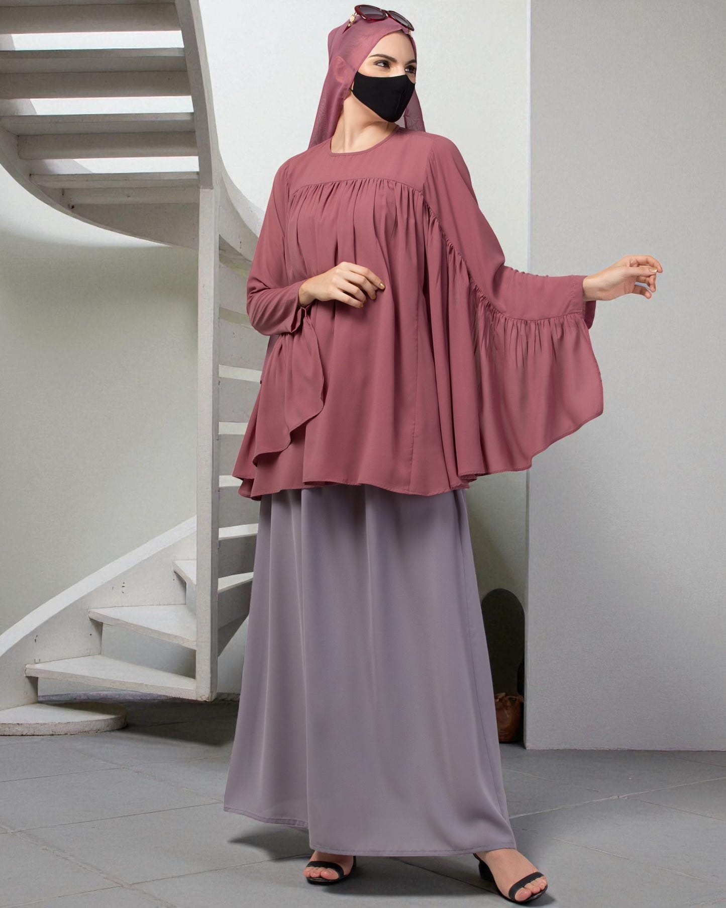 Modest Co-ord Set: Designer Loose-Fit Top with Frills and Flared Skirt