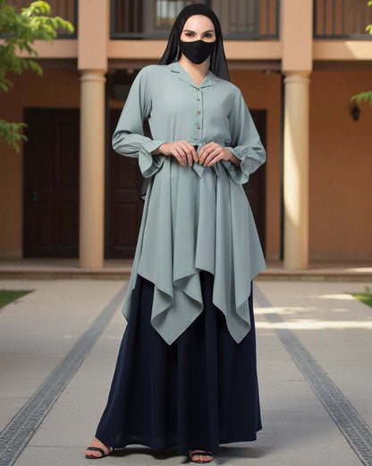 Modest Co-ord Set: Asymmetrical Pattern Top with Collar and Elasticated Bell Sleeves, Flared Skir