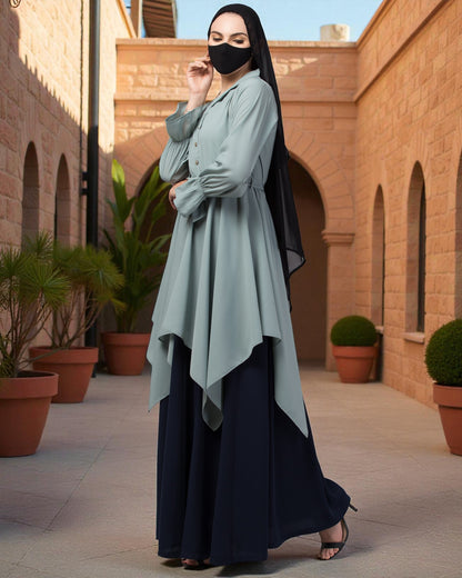 Modest Co-ord Set: Asymmetrical Pattern Top with Collar and Elasticated Bell Sleeves, Flared Skir