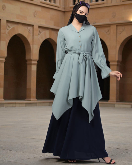 Modest Co-ord Set: Asymmetrical Pattern Top with Collar and Elasticated Bell Sleeves, Flared Skir