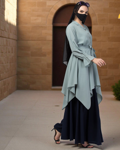 Modest Co-ord Set: Asymmetrical Pattern Top with Collar and Elasticated Bell Sleeves, Flared Skir