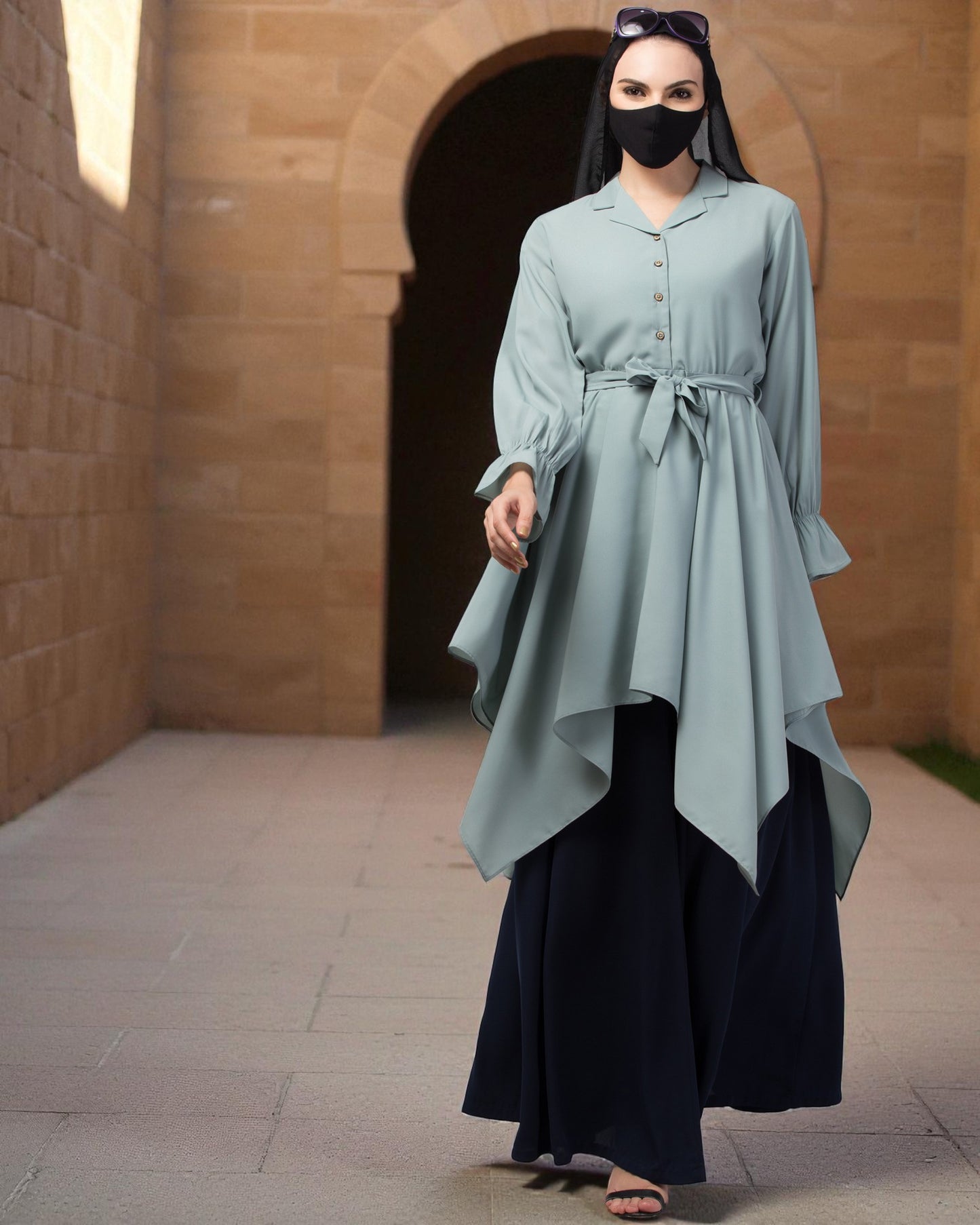 Modest Co-ord Set: Asymmetrical Pattern Top with Collar and Elasticated Bell Sleeves, Flared Skir