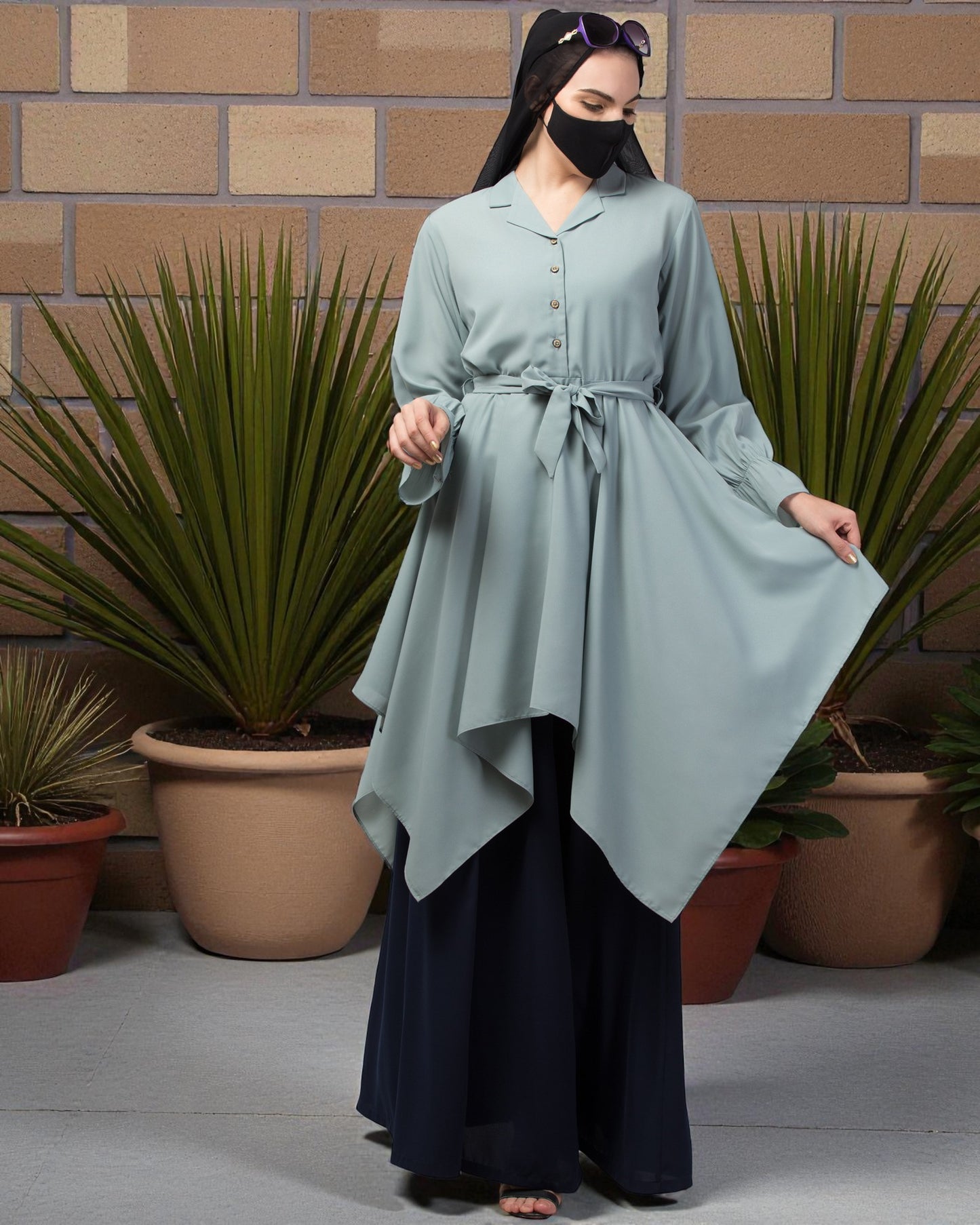 Modest Co-ord Set: Asymmetrical Pattern Top with Collar and Elasticated Bell Sleeves, Flared Skir