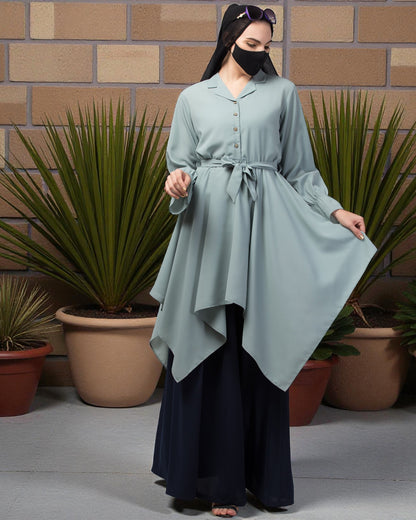 Modest Co-ord Set: Asymmetrical Pattern Top with Collar and Elasticated Bell Sleeves, Flared Skir