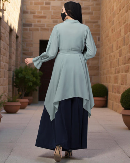 Modest Co-ord Set: Asymmetrical Pattern Top with Collar and Elasticated Bell Sleeves, Flared Skir