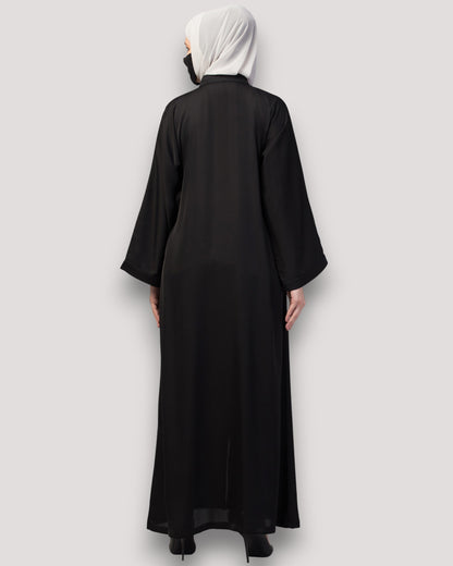 Front Open Abaya In Premium Praada Fabric With Embellished Tassels