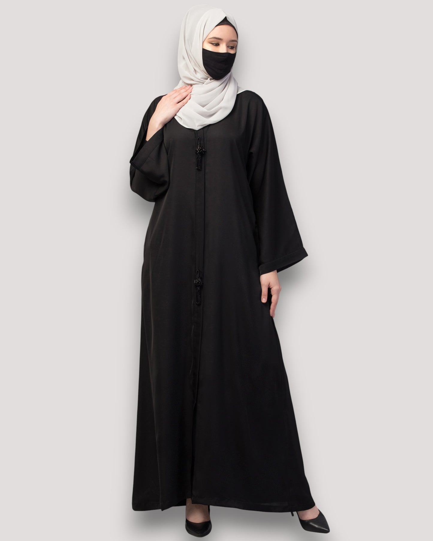 Front Open Abaya In Premium Praada Fabric With Embellished Tassels