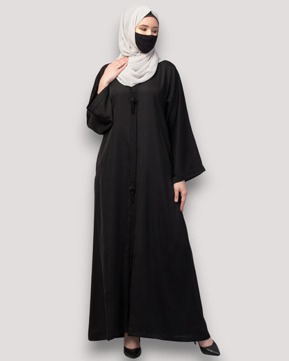 Front Open Abaya In Premium Praada Fabric With Embellished Tassels