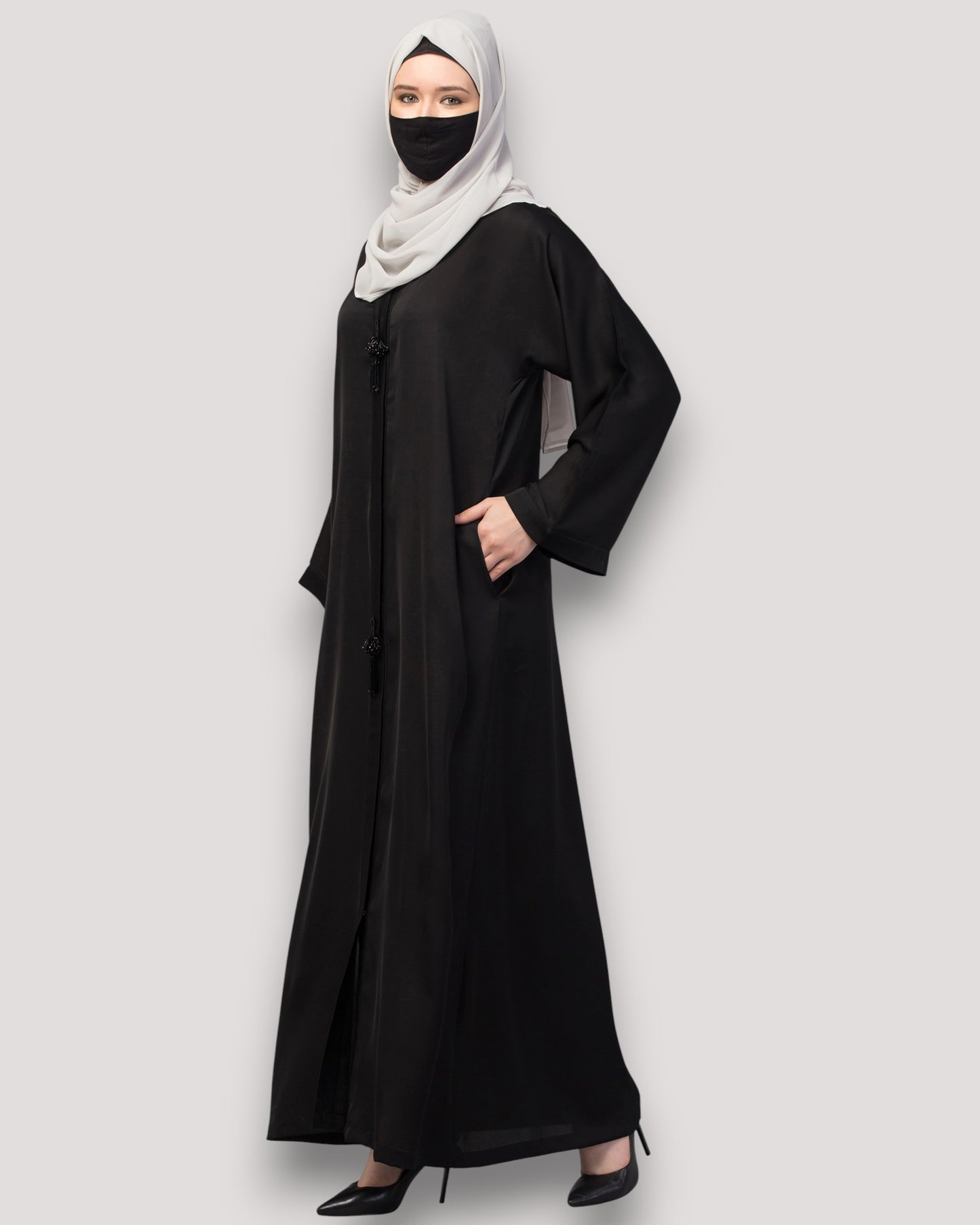 Front Open Abaya In Premium Praada Fabric With Embellished Tassels