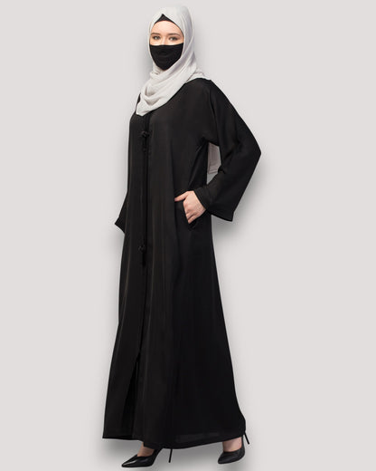 Front Open Abaya In Premium Praada Fabric With Embellished Tassels