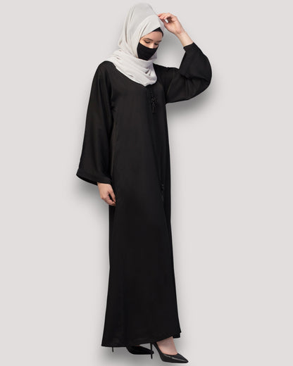 Front Open Abaya In Premium Praada Fabric With Embellished Tassels
