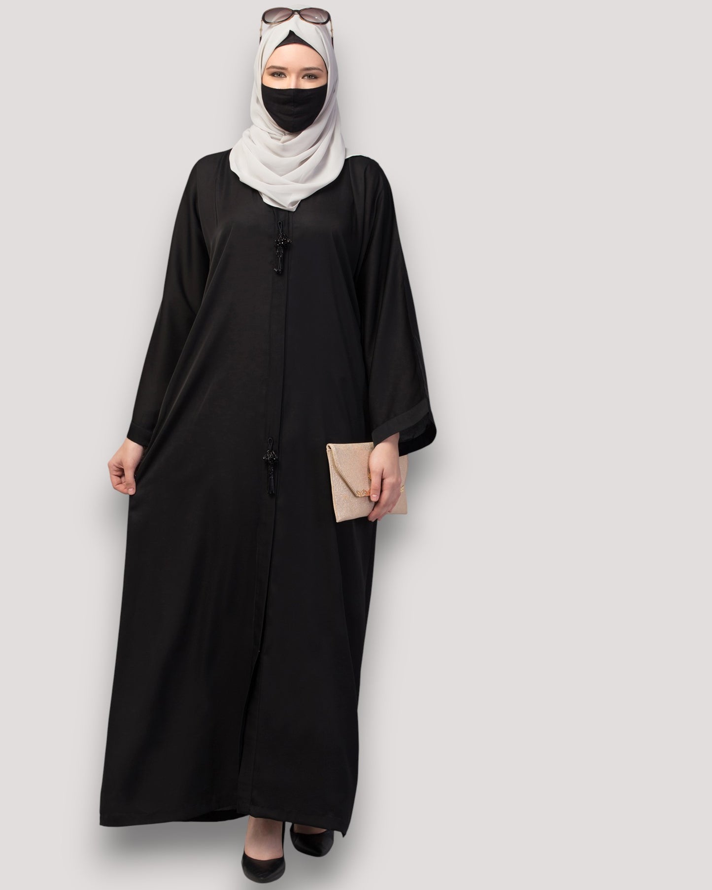 Front Open Abaya In Premium Praada Fabric With Embellished Tassels