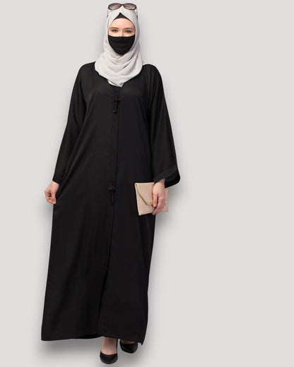 Front Open Abaya In Premium Praada Fabric With Embellished Tassels