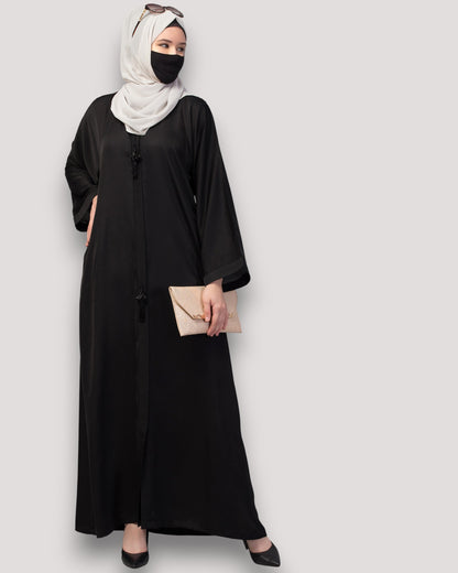 Front Open Abaya In Premium Praada Fabric With Embellished Tassels
