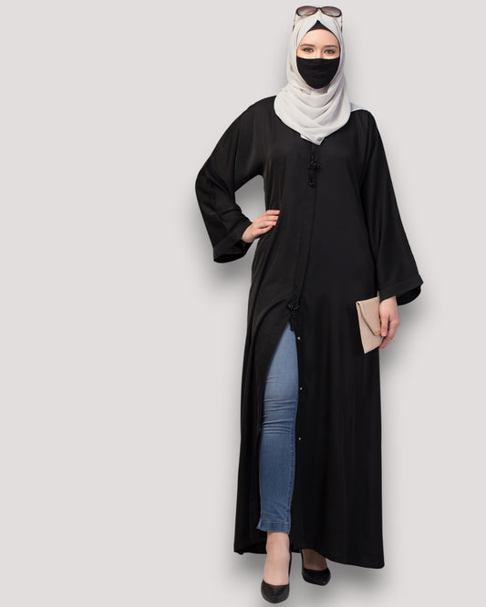 Front Open Abaya In Premium Praada Fabric With Embellished Tassels