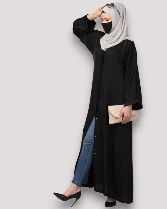 Front Open Abaya In Premium Praada Fabric With Embellished Tassels
