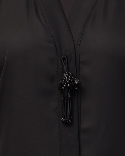 Front Open Abaya In Premium Praada Fabric With Embellished Tassels