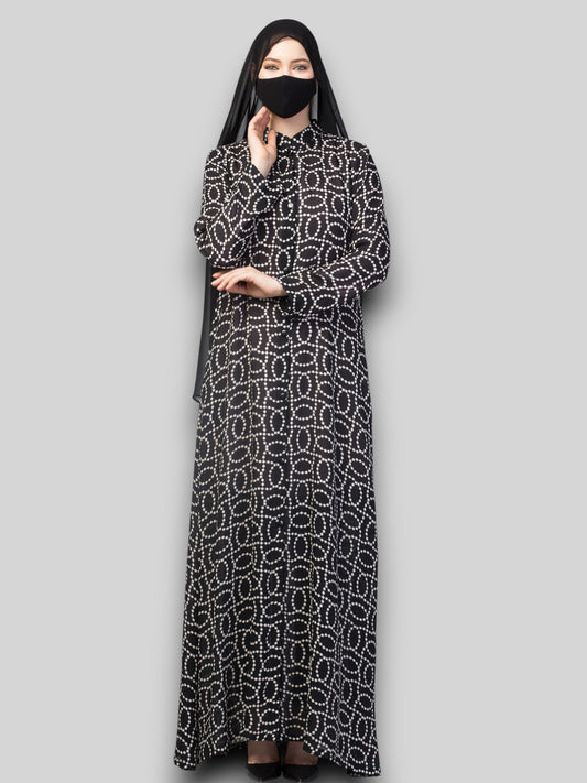 Printed Abaya – Black & Grey Chiffon Satin Open Gown