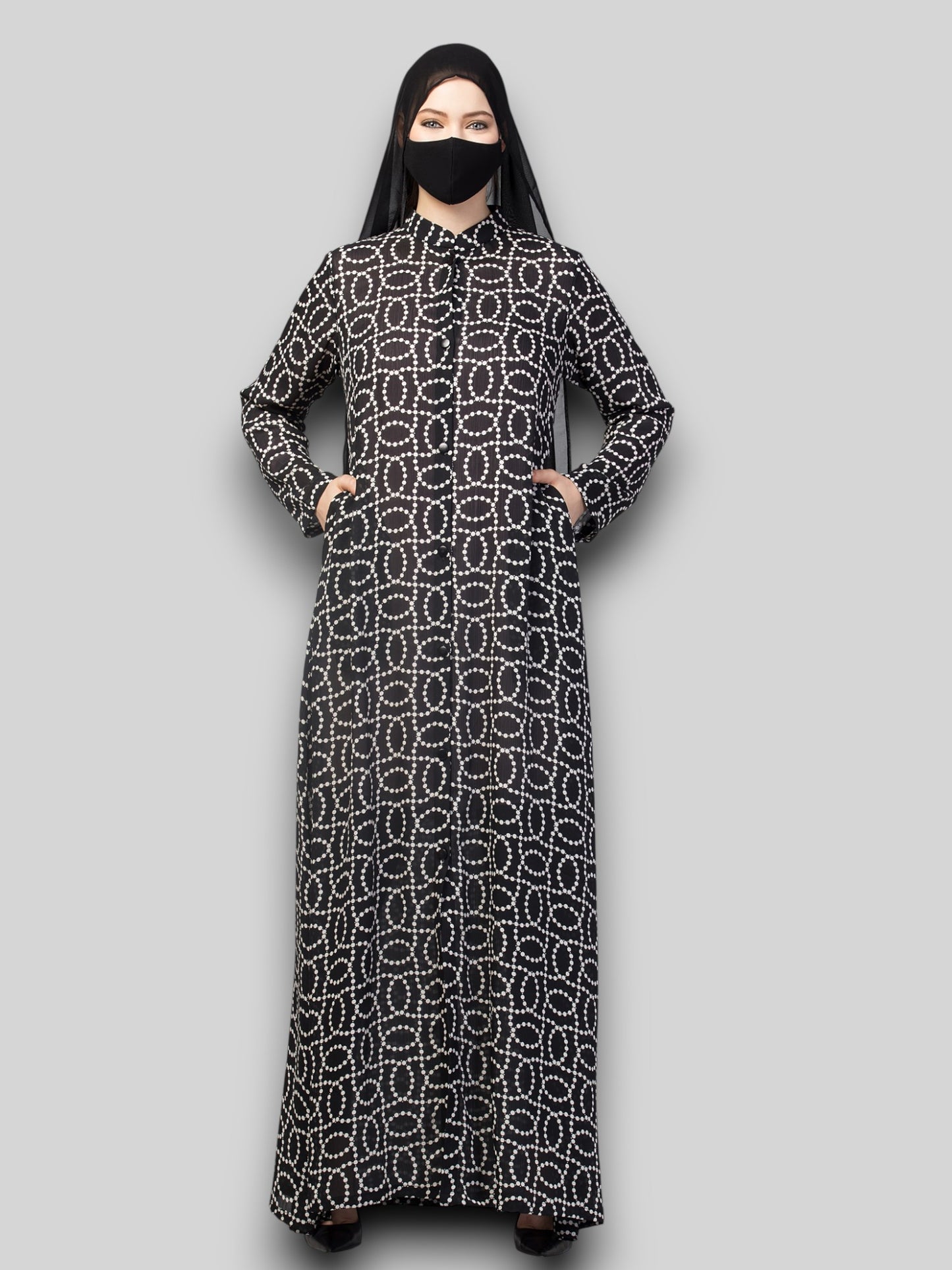 Printed Abaya – Black & Grey Chiffon Satin Open Gown
