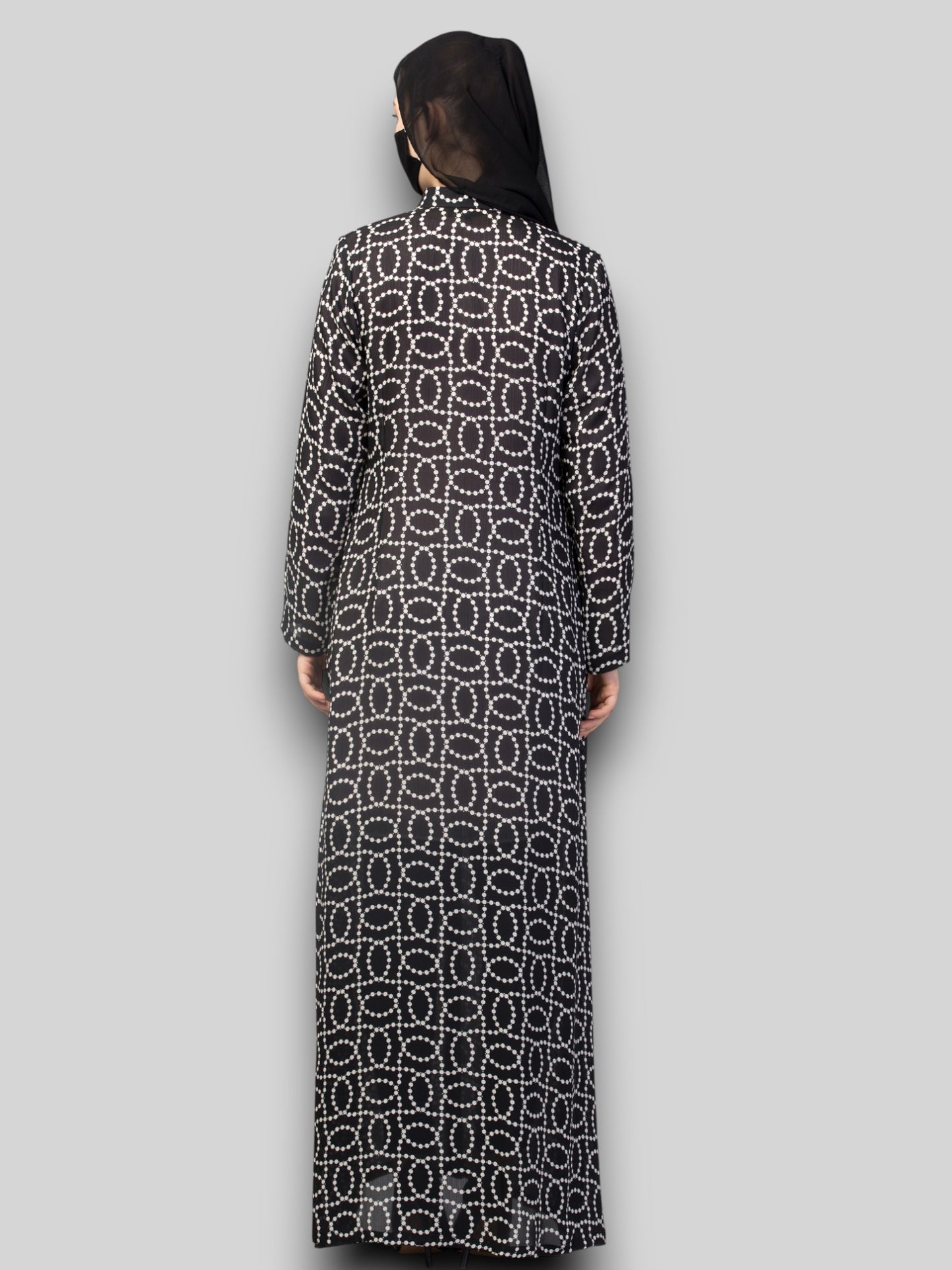 Printed Abaya – Black & Grey Chiffon Satin Open Gown