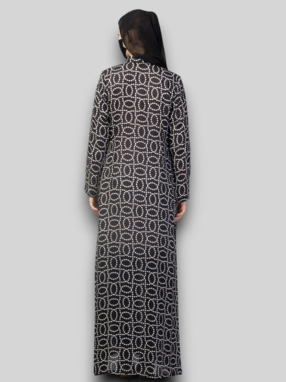 Printed Abaya – Black & Grey Chiffon Satin Open Gown