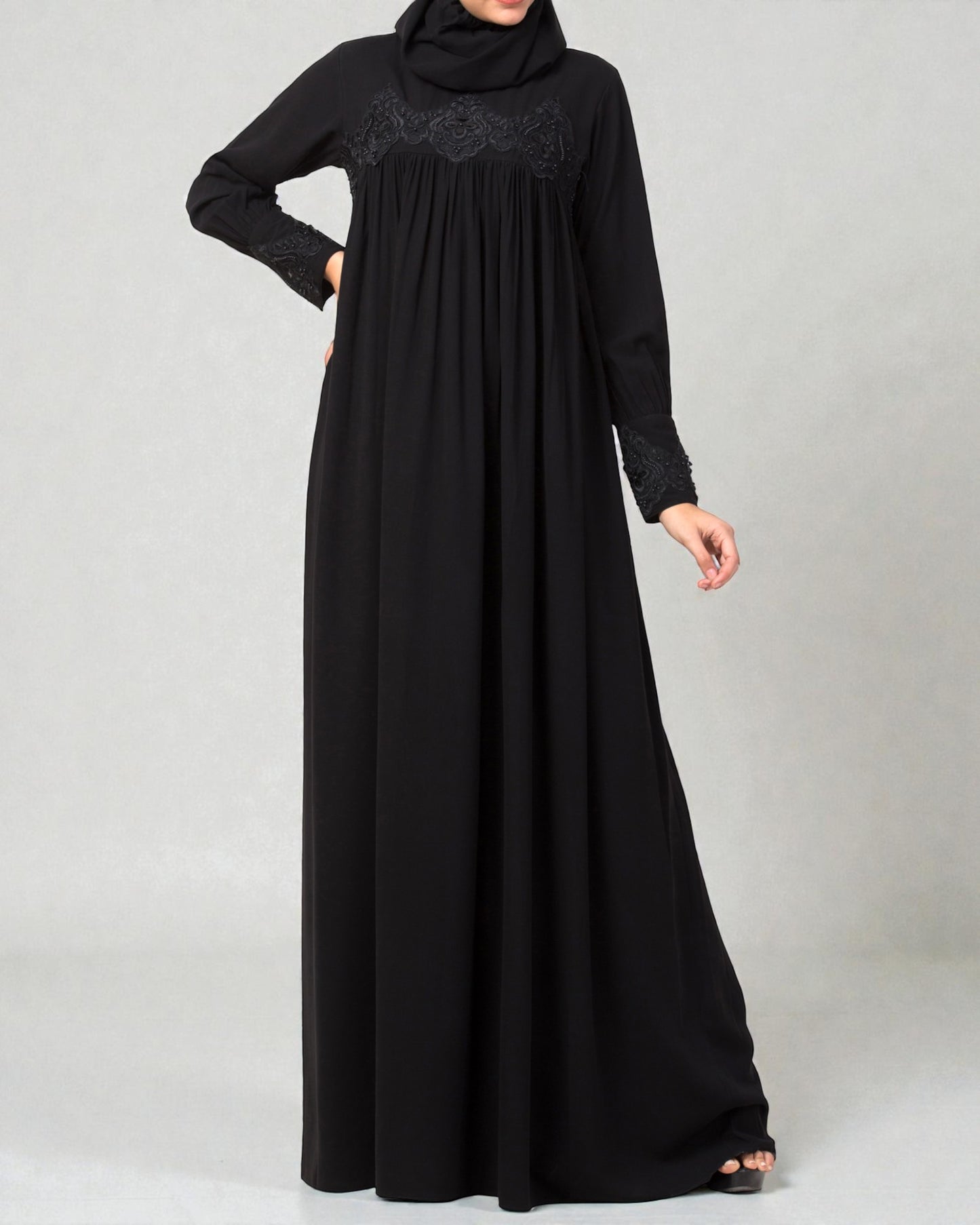 Lose Fit Abaya Like Dress With  Pearl Lace Work-Medium