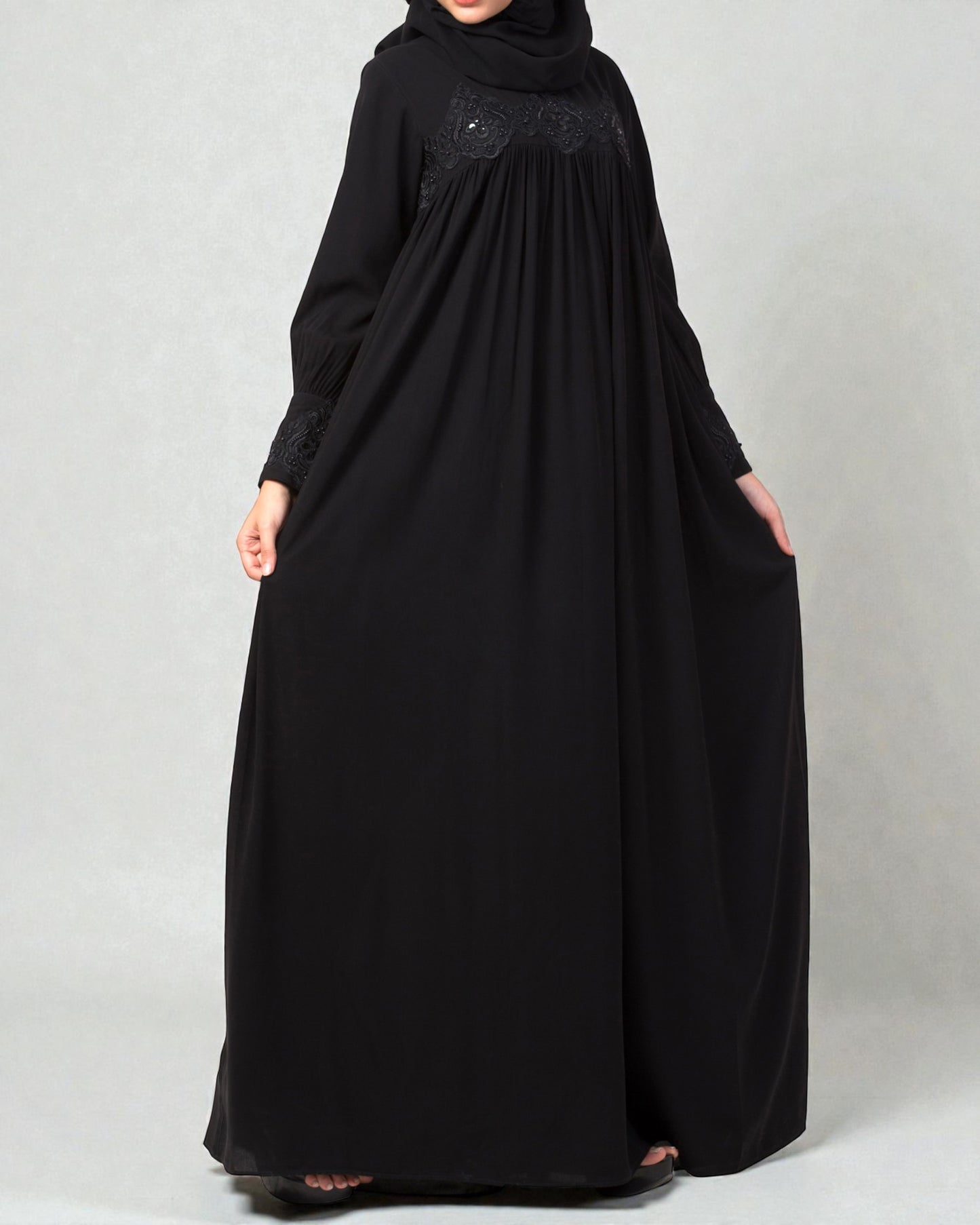 Lose Fit Abaya Like Dress With  Pearl Lace Work-Medium