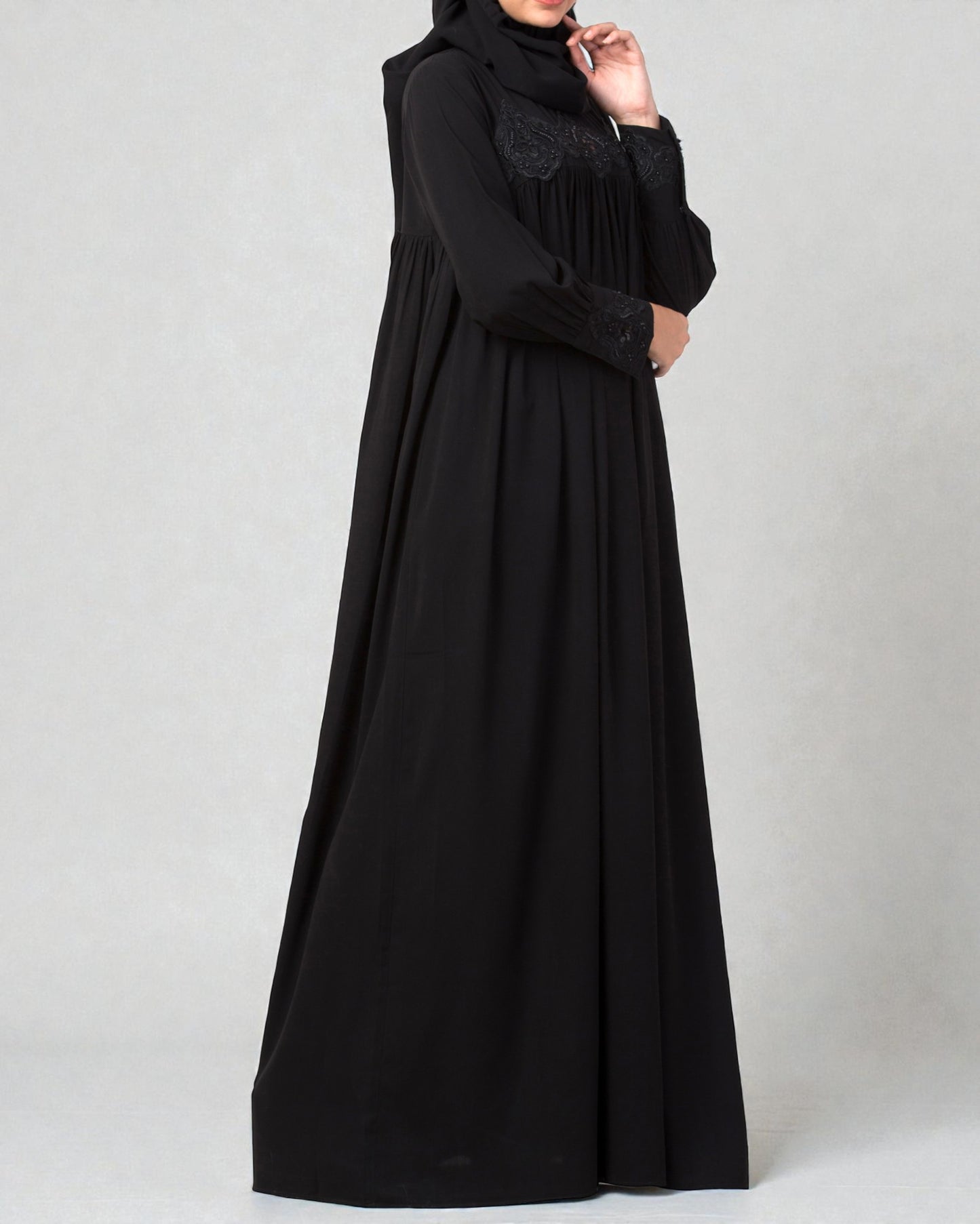 Lose Fit Abaya Like Dress With  Pearl Lace Work-Medium
