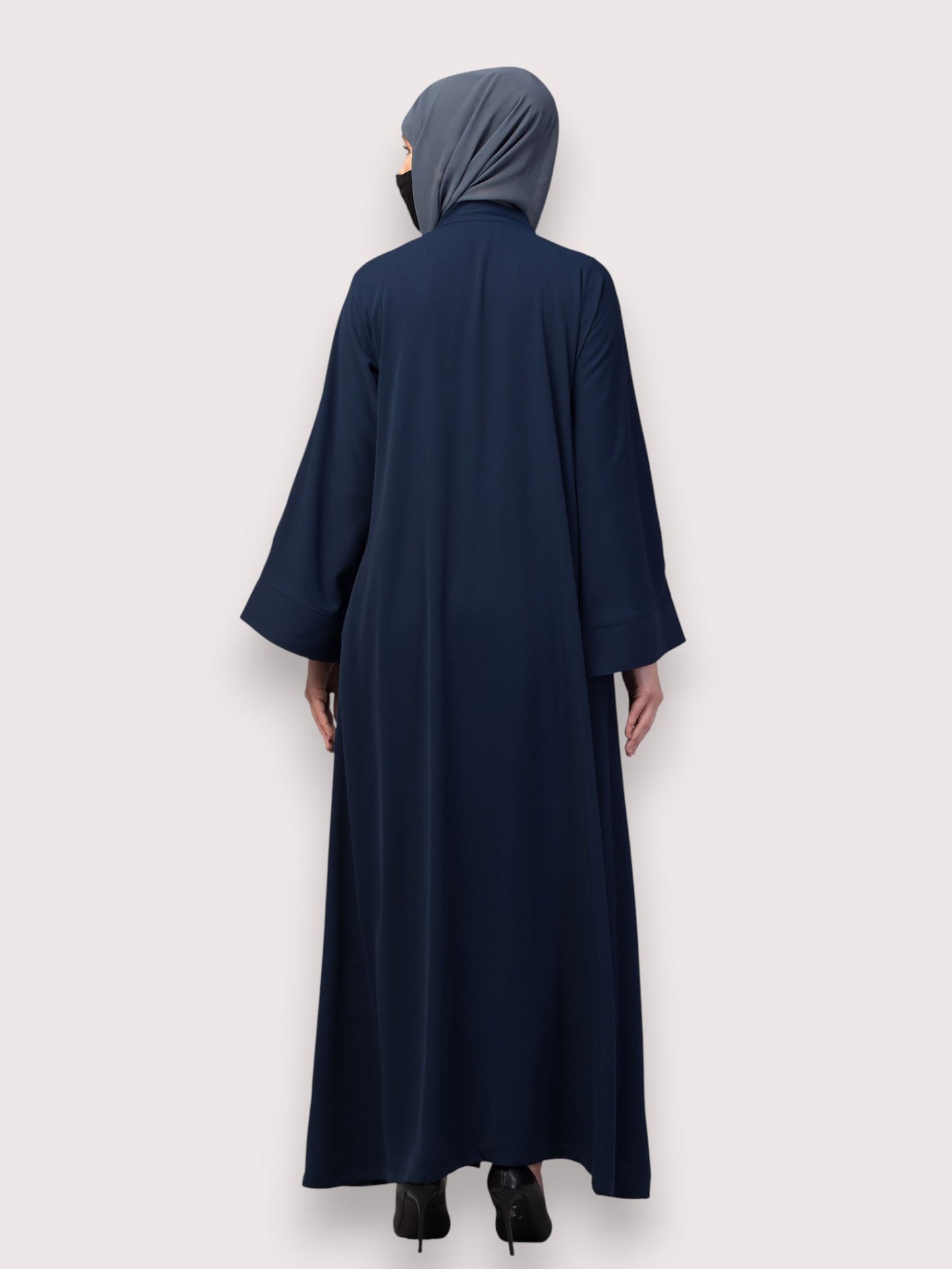 Navy Blue Front Open Abaya with Handwork – Premium Praada Fabric
