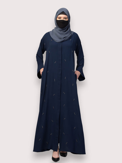 Navy Blue Front Open Abaya with Handwork – Premium Praada Fabric