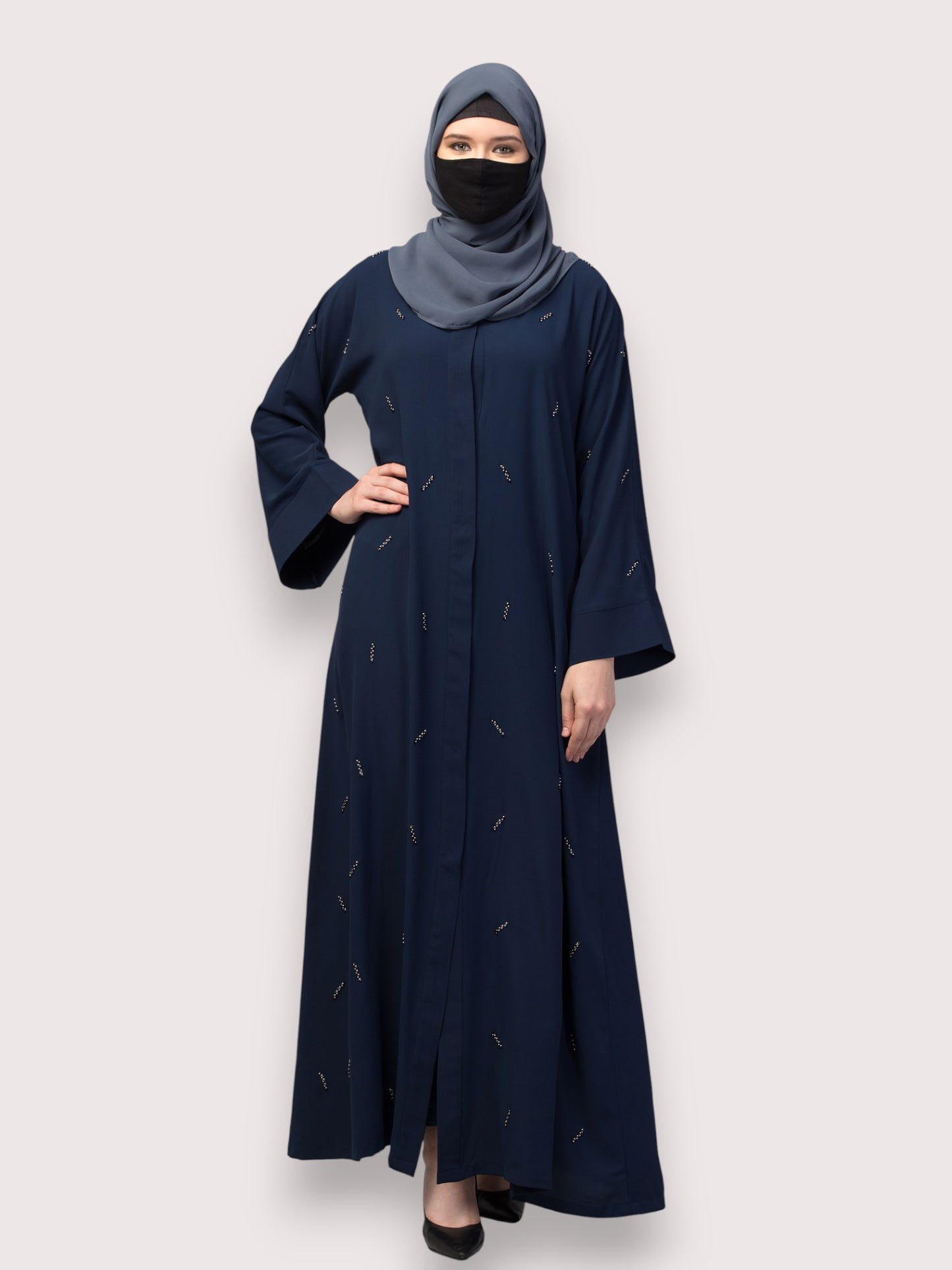 Navy Blue Front Open Abaya with Handwork – Premium Praada Fabric