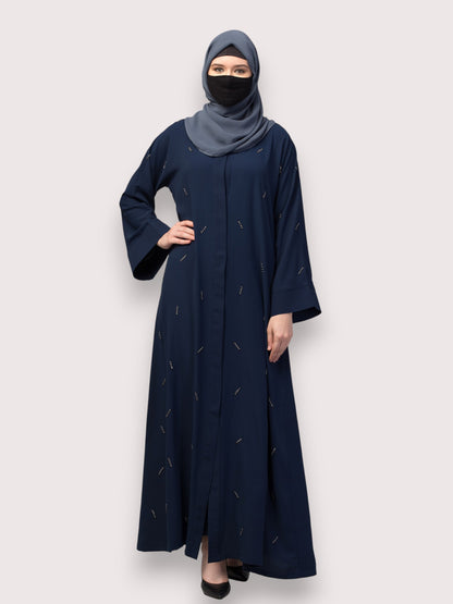 Navy Blue Front Open Abaya with Handwork – Premium Praada Fabric