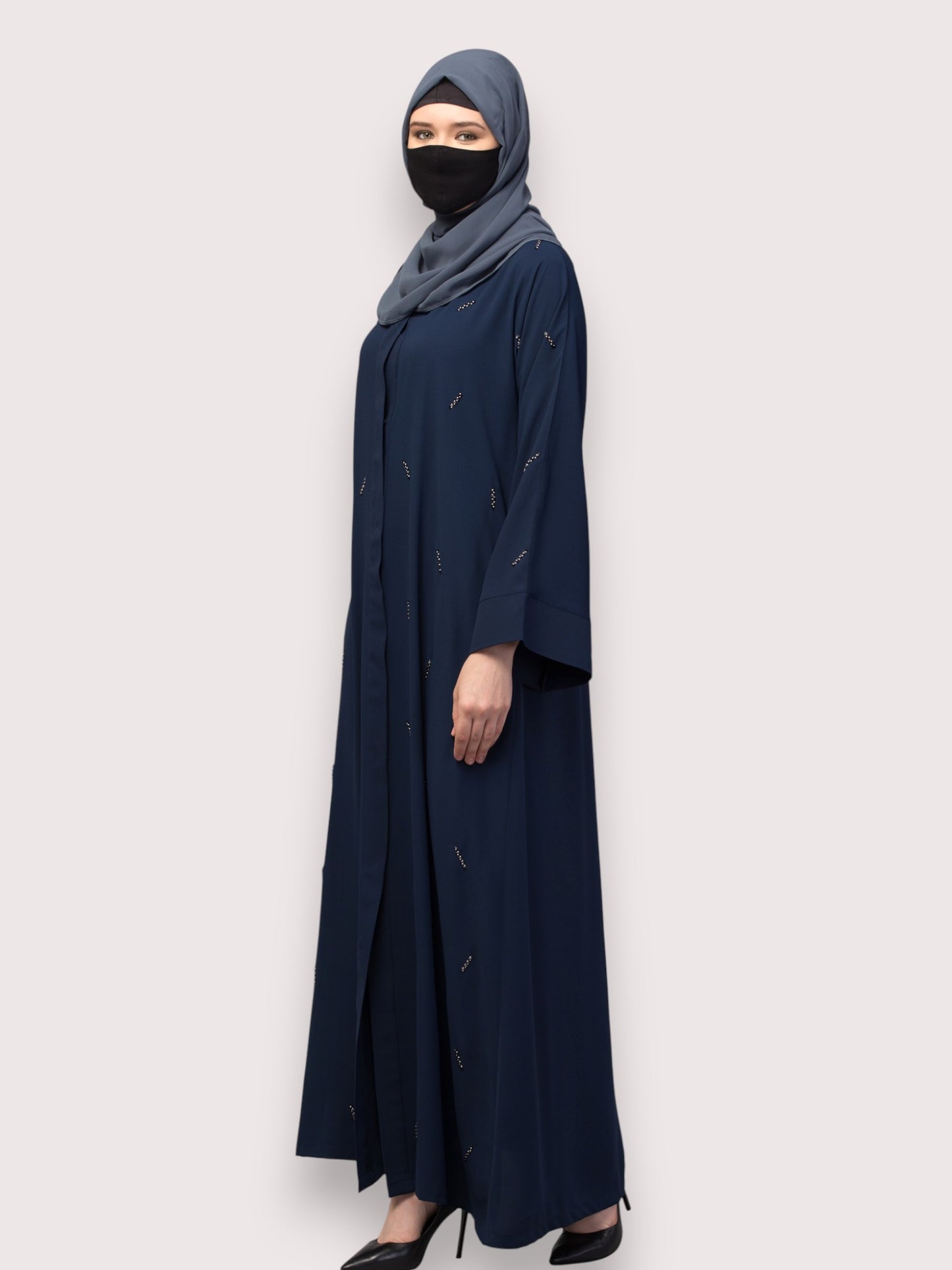 Navy Blue Front Open Abaya with Handwork – Premium Praada Fabric