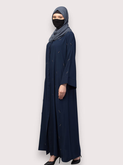Navy Blue Front Open Abaya with Handwork – Premium Praada Fabric