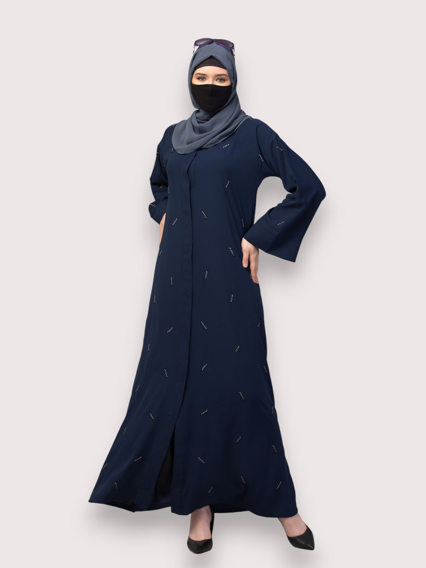 Navy Blue Front Open Abaya with Handwork – Premium Praada Fabric