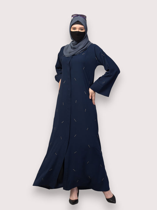 Navy Blue Front Open Abaya with Handwork – Premium Praada Fabric