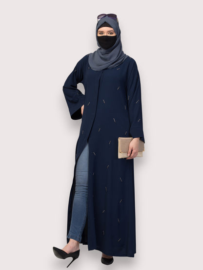 Navy Blue Front Open Abaya with Handwork – Premium Praada Fabric